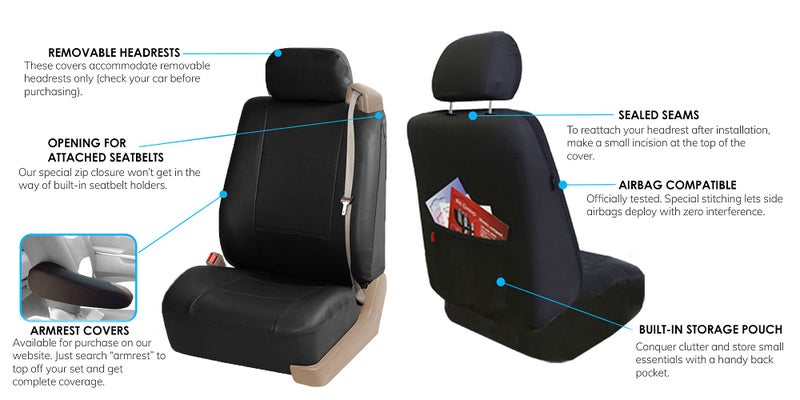 FH Group Front Set Faux Leather Car Seat Covers Low Back Seat with Removable Headrest, Universal Fit, Airbag Compatible Car Seat Cover for SUV, Van, Black - Image 2